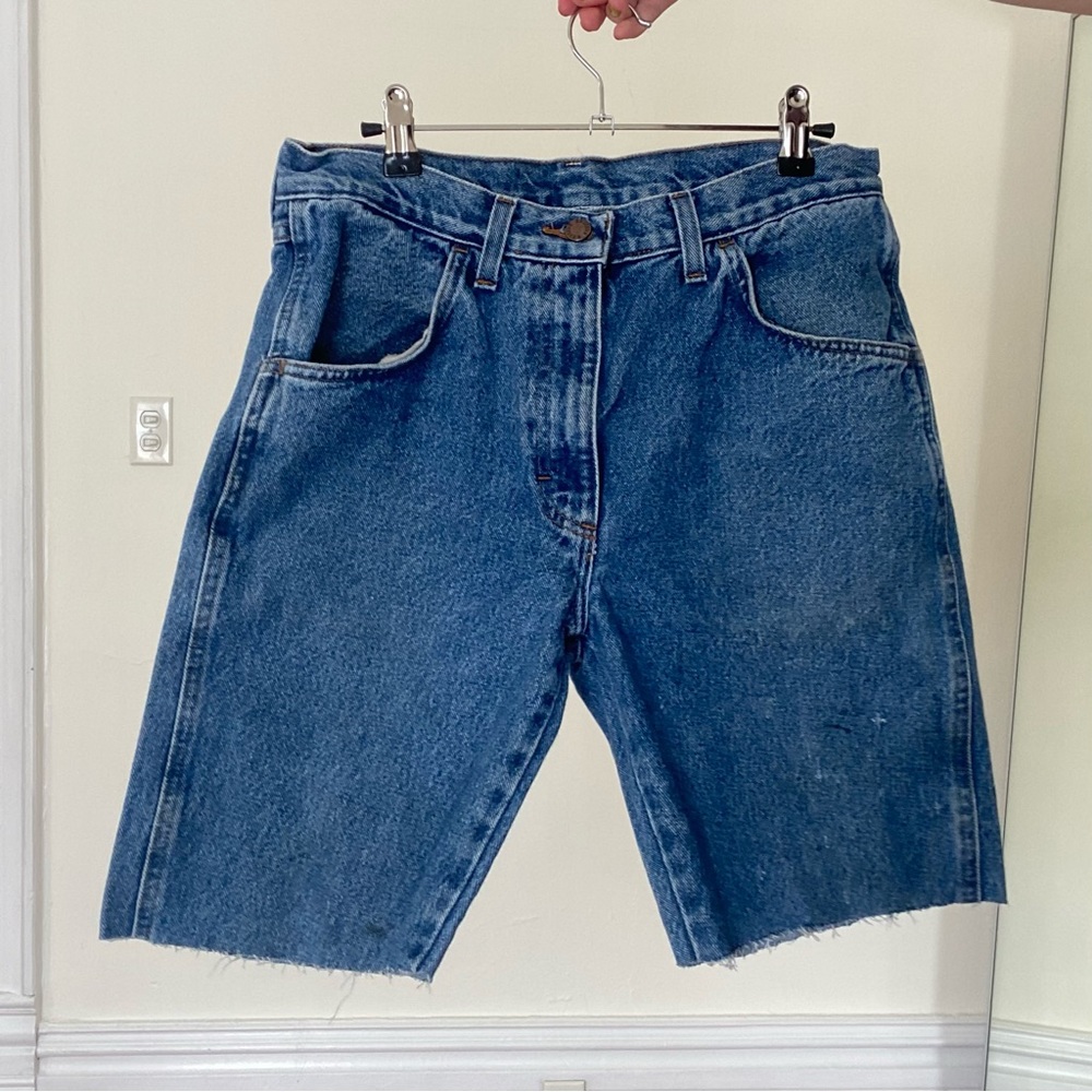 Medium wash distressed dad jorts shorts